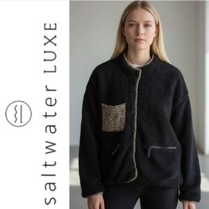 Saltwater Luxe Teddy Sweater Jacket in black with leopard print trim